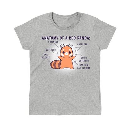 Classic Cotton T-shirt_TeeTurtle Anatomy of a Red Panda heather gray t-shirt featuring a kawaii red panda with a cute expression standing with arms out and arrows pointing to different parts of the red panda and captions to different parts of its body that say "Cuteness," "Extra Cuteness," "Just how can you not" and "OMG So Cute".