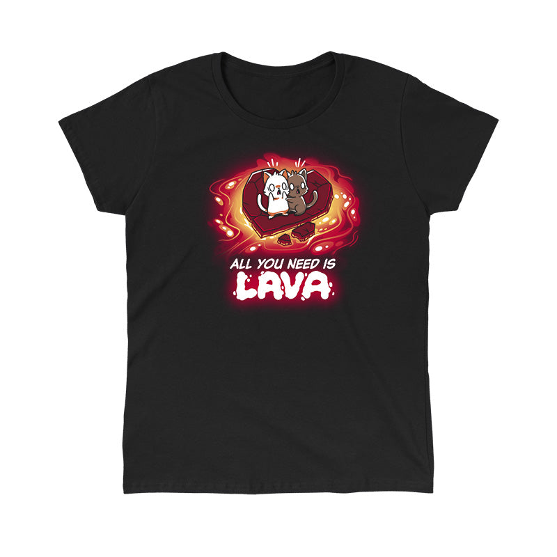 Classic Cotton T-shirt_TeeTurtle All You Need is Lava black t-shirt featuring two cats standing on a piece of stone in the shape of a heart floating on lava with a pun below.