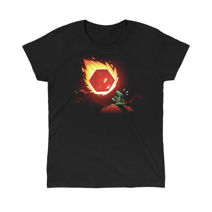 Classic Cotton T-shirt_TeeTurtle Natural Disaster black t-shirt featuring a dinosaur wearing armor and holding a sword looking up at a giant 20-sided die falling from the sky like a meteorite. 