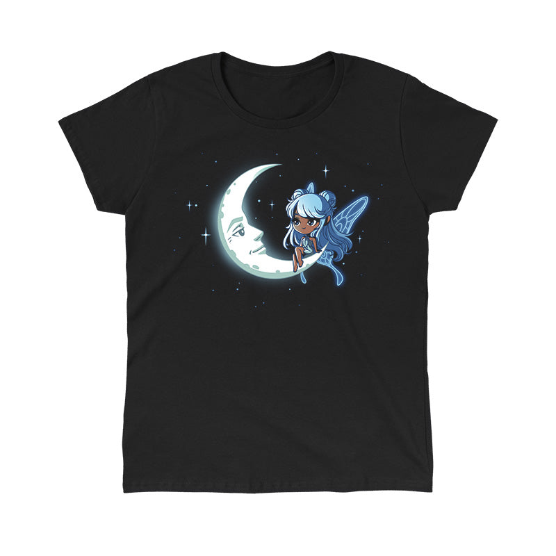 Classic Cotton T-shirt_TeeTurtle Celestial Fairy black t-shirt featuring a space fairy with blue hair and wings sitting on a crescent moon that has a face with stars in the background.