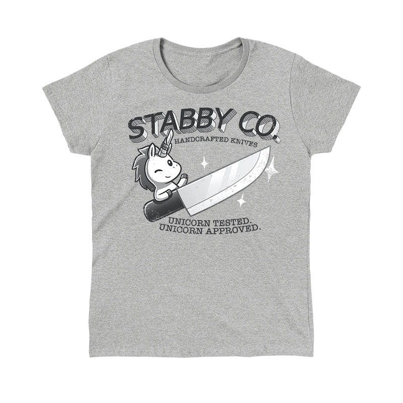 Classic Cotton T-shirt_TeeTurtle Stabby Co. Handcrafted Knives heather gray t-shirt featuring a logo of "Stabby Co." A unicorn is holding a large knife, with the text "Handcrafted Knives - Unicorn Tested. Unicorn Approved."