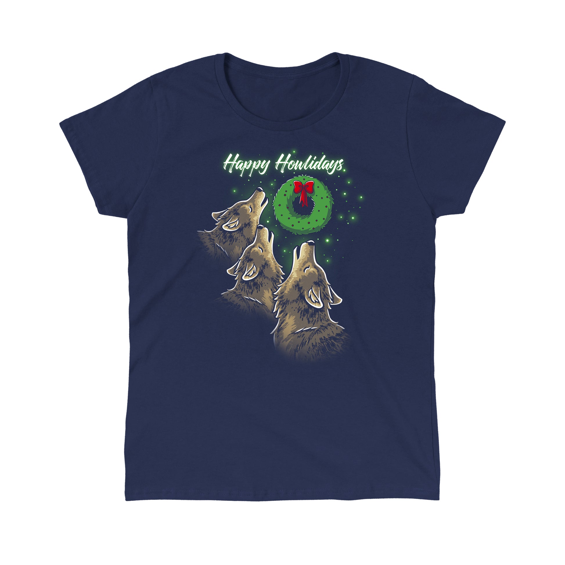 Classic Cotton T-shirt_TeeTurtle Happy Howlidays navy blue t-shirt featuring three wolves howling at a Christmas wreath with a red bow.