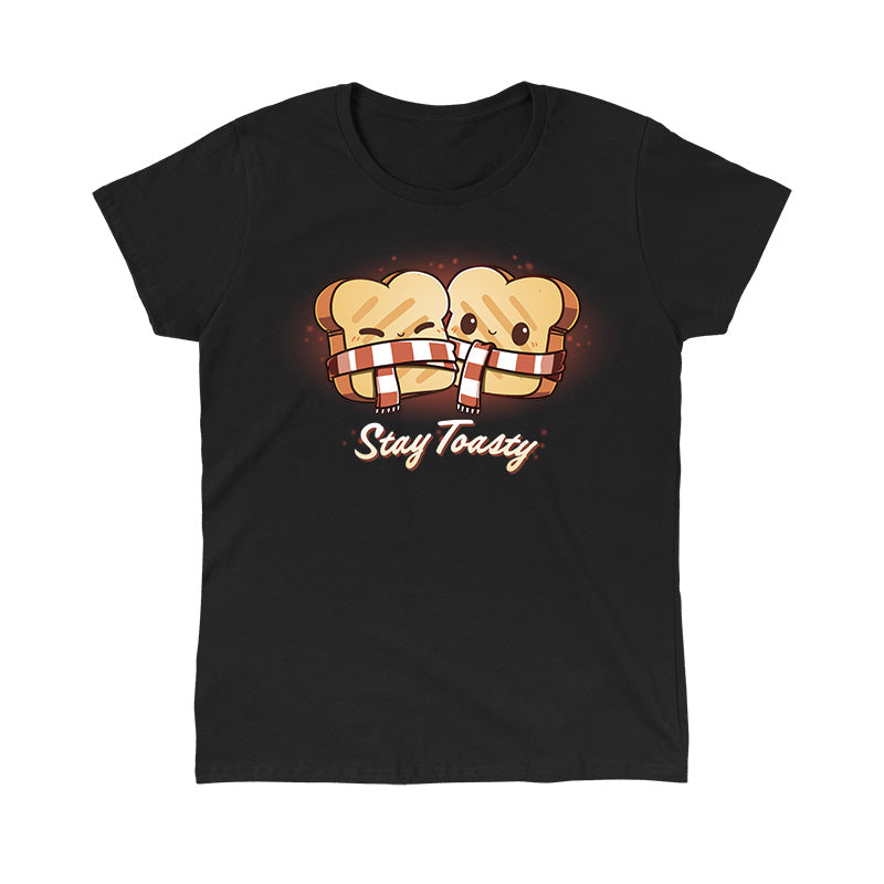 Classic Cotton T-shirt_Teeturtle Stay Toasty black t-shirt featuring two smiling pieces of toast, bundled together with a red and white striped scarf. The text "Stay Toasty" is written below. 