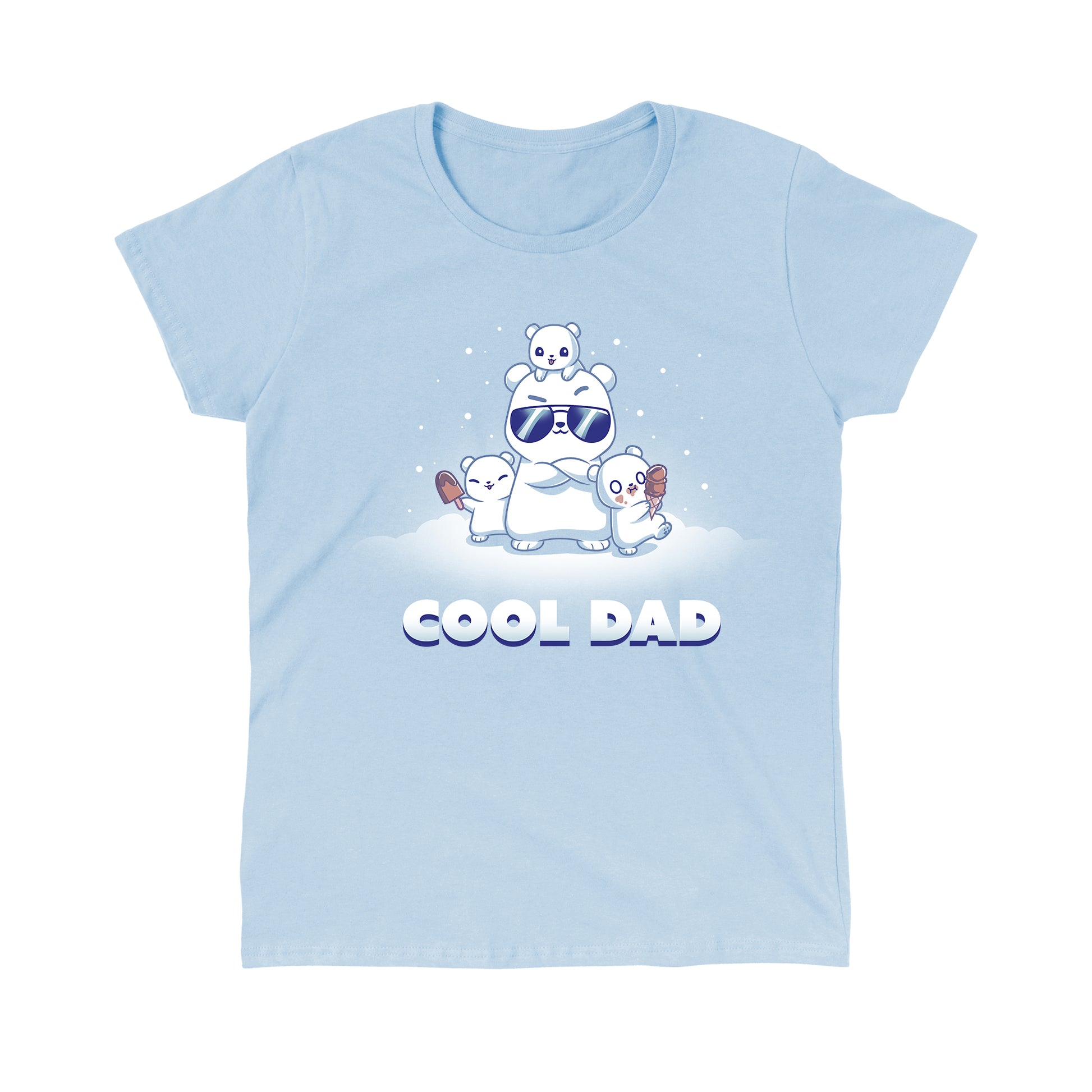 Classic Cotton T-shirt_TeeTurtle light blue Cool Dad (Polar Bear) apparel featuring a dad polar bear with sunglasses and his arms crossed, two of his cubs holding frozen desserts, one cub perched on top of his head with snow falling around them, and the caption, "Cool Dad". 