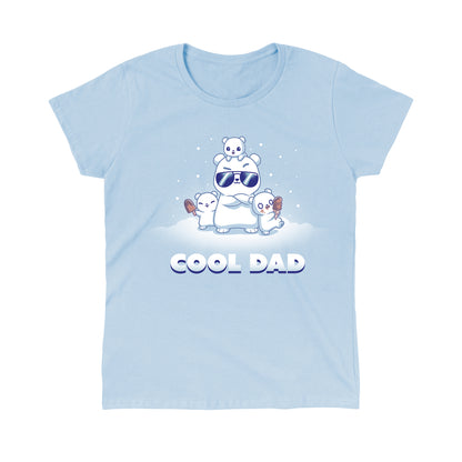 Classic Cotton T-shirt_TeeTurtle light blue Cool Dad (Polar Bear) apparel featuring a dad polar bear with sunglasses and his arms crossed, two of his cubs holding frozen desserts, one cub perched on top of his head with snow falling around them, and the caption, "Cool Dad". 