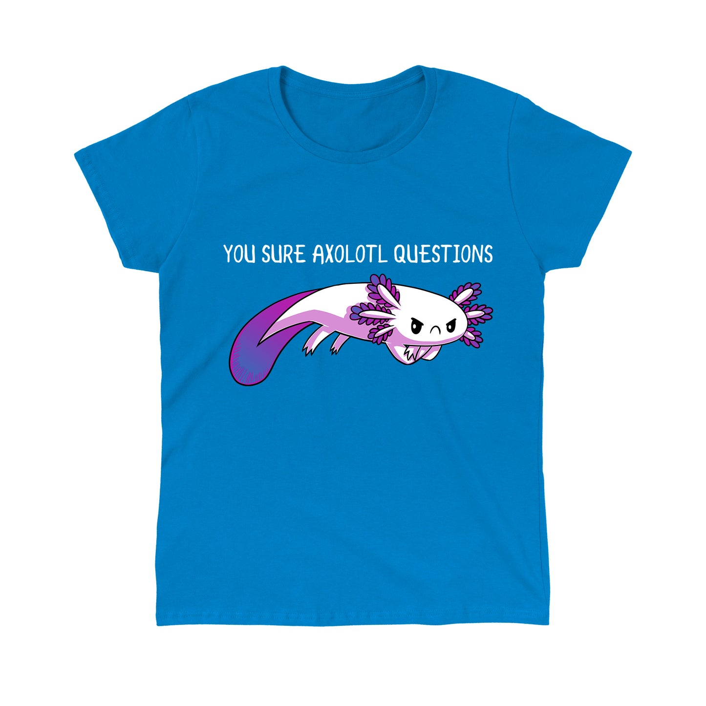 Classic Cotton T-shirt_TeeTurtle Cobalt blue apparel featuring a drawing of a purple axolotl and the playful text "You Sure Axolotl Questions" at the top, crafted from super soft ringspun cotton for ultimate comfort. Product Name: You Sure Axolotl Questions, Brand Name: monsterdigital