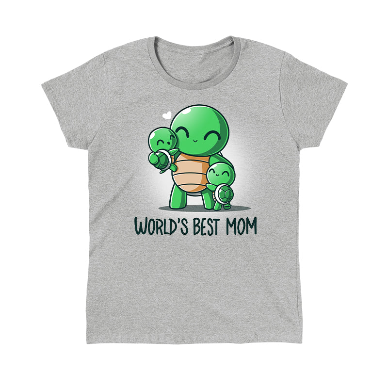 Classic Cotton T-shirt_TeeTurtle World's Best Mom Heather Gray t-shirt featuring cartoon turtle mom holding one baby turtle and hugging another with the text "World's Best Mom apparel" below them. A small heart floats near her head. 