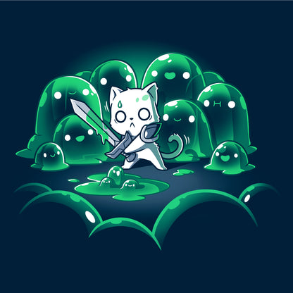 Pullover Hoodie_TeeTurtle navy blue The Never-Ending Fight. Featuring a cat warrior holding a sword surprised at being surrounded by a group of green slimes.