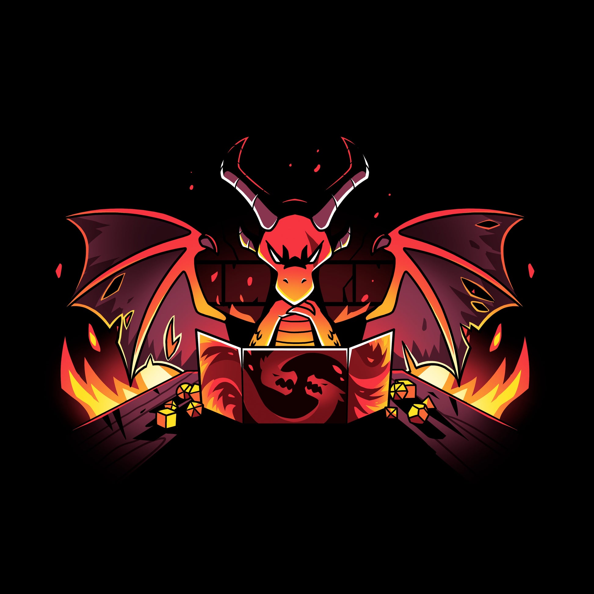 Pullover Hoodie_TeeTurtle black Dragon Master. Featuring a sinister-looking dragon dungeon master with flames in the background.