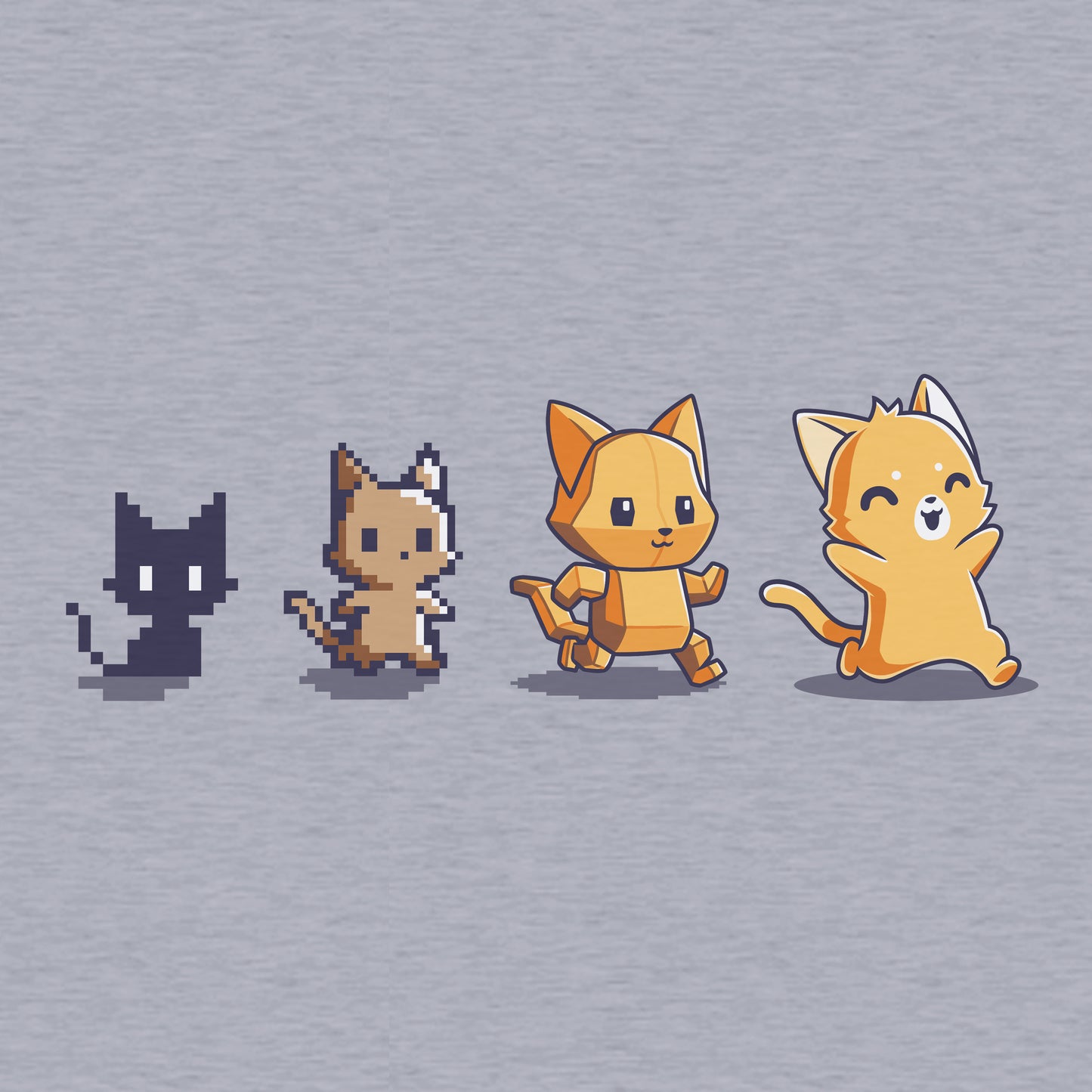 Classic Cotton T-shirt_TeeTurtle Graphics Evolution Heather Gray t-shirt featuring a sequence of four pixel art-style cats showing evolutionary stages. 