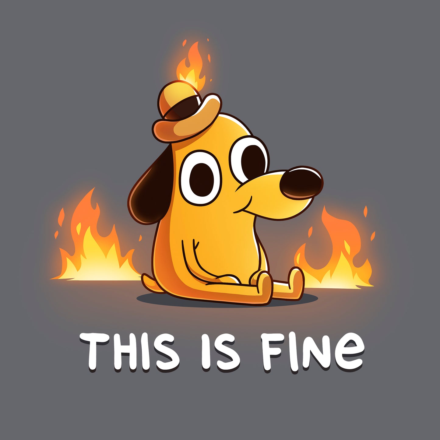 Classic Cotton T-shirt_TeeTurtle charcoal gray This Is Fine (Question Hound) Classic Cotton T-shirt featuring the iconic orange dog with a little hat and a forced smile from KC Green's comics, surrounded by fire, with the words "This Is Fine" below it. 