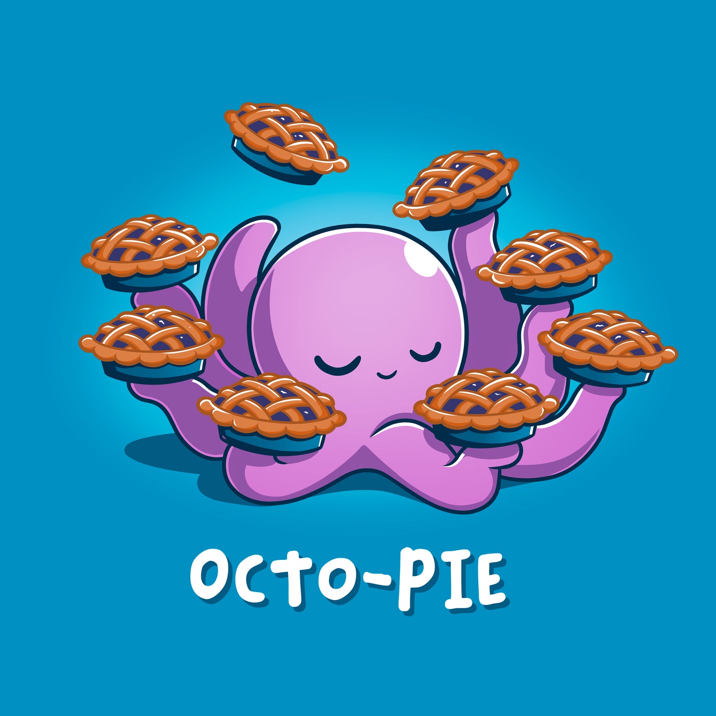 Classic Cotton T-shirt_Teeturtle Octo-Pie sapphire blue t-shirt featuring a cute cartoon octopus holding eight pies in its eight arms with 'Octo-Pie' written beneath.