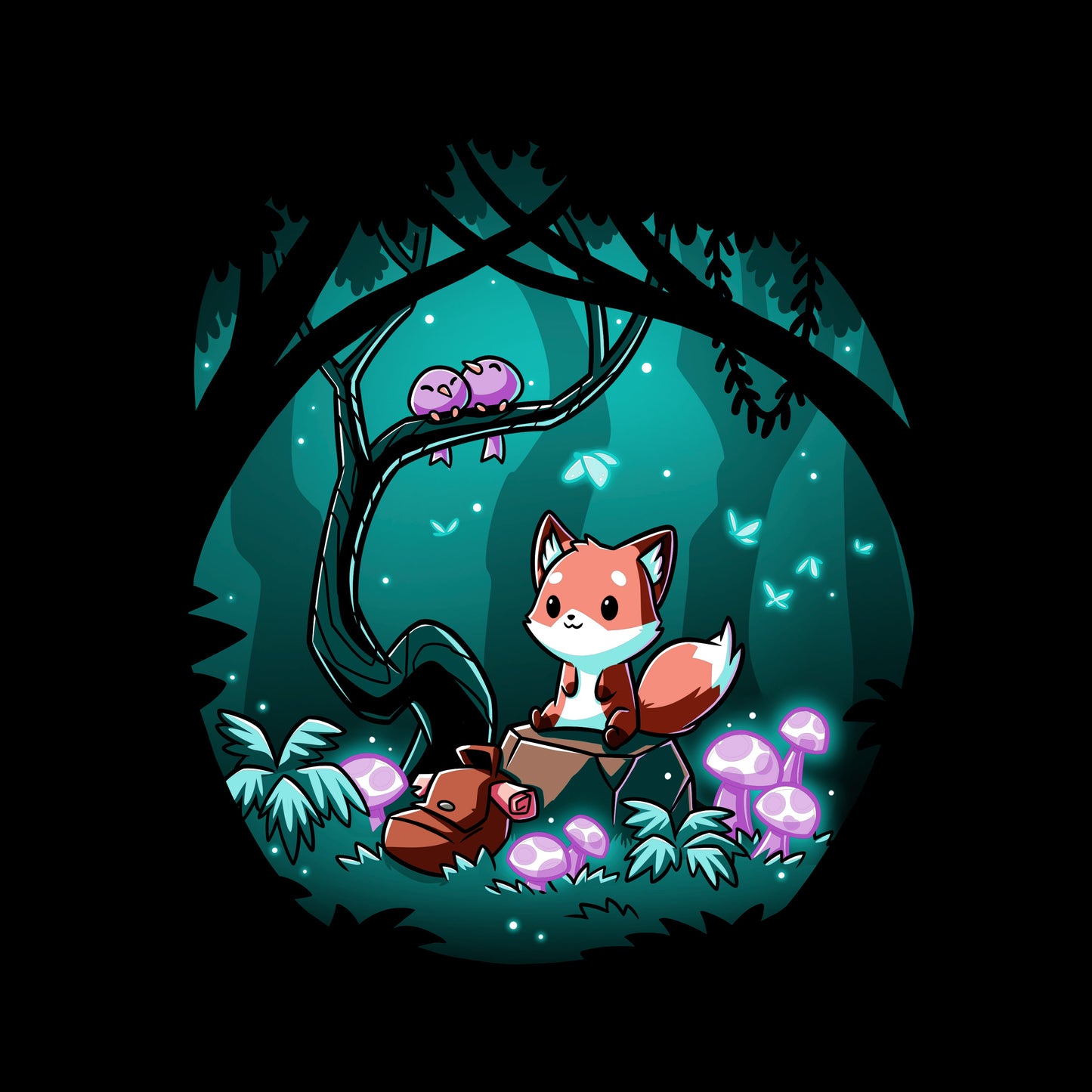 Classic Cotton T-shirt_TeeTurtle Enchanted Forest black t-shirt featuring a cute fox sitting on a log in a magical enchanted forest at night, surrounded by glowing mushrooms and two birds perched on a tree branch.