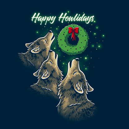 Classic Cotton T-shirt_TeeTurtle Happy Howlidays navy blue t-shirt featuring three wolves howling at a Christmas wreath with a red bow.