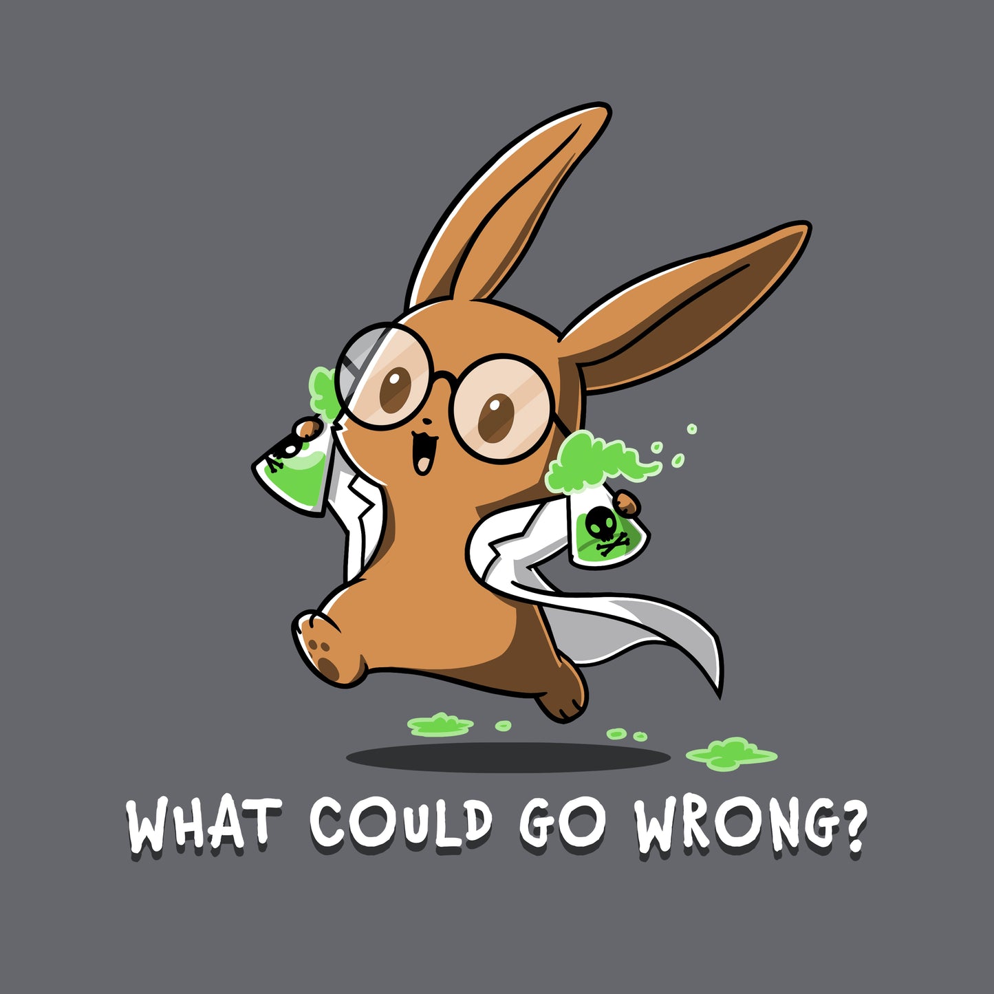 Classic Cotton T-shirt_TeeTurtle What Could Go Wrong? charcoal gray t-shirt featuring  cartoon rabbit wearing glasses and a lab coat, holding two green, bubbling beakers.