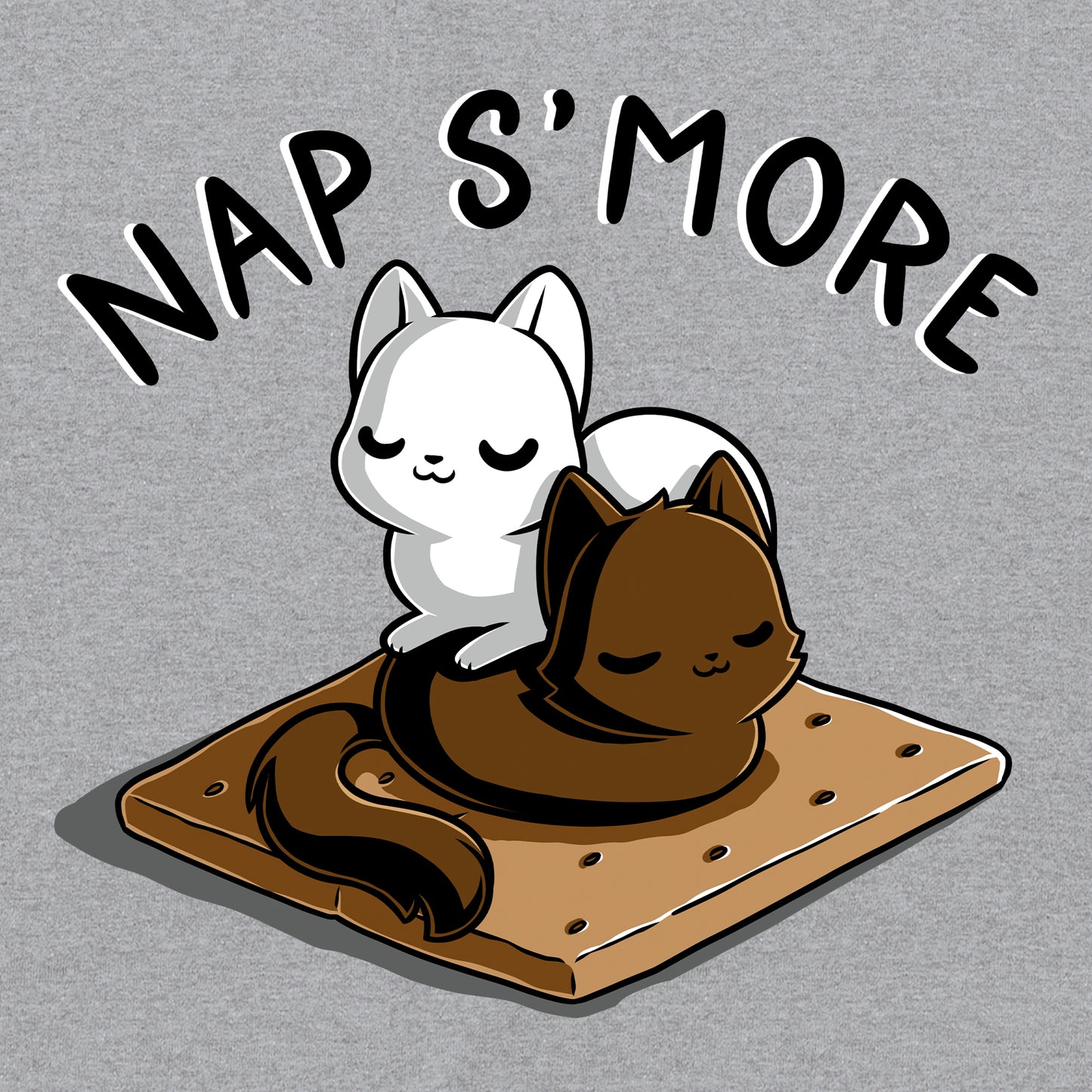 Classic Cotton T-shirt_TeeTurtle Nap S'more heather gray t-shirt featuring two cute cats, one white and one brown, who are peacefully sleeping on a graham cracker looking like our favorite dessert food s'mores. Text above them reads "NAP S'MORE". 