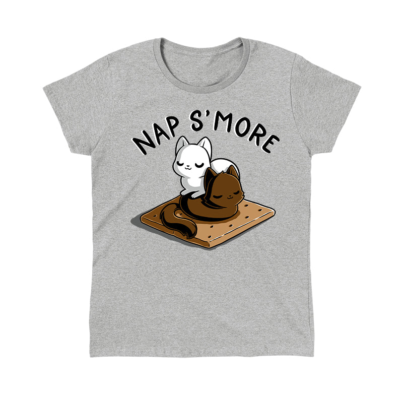 Classic Cotton T-shirt_TeeTurtle Nap S'more heather gray t-shirt featuring two cute cats, one white and one brown, who are peacefully sleeping on a graham cracker looking like our favorite dessert food s'mores. Text above them reads "NAP S'MORE". 