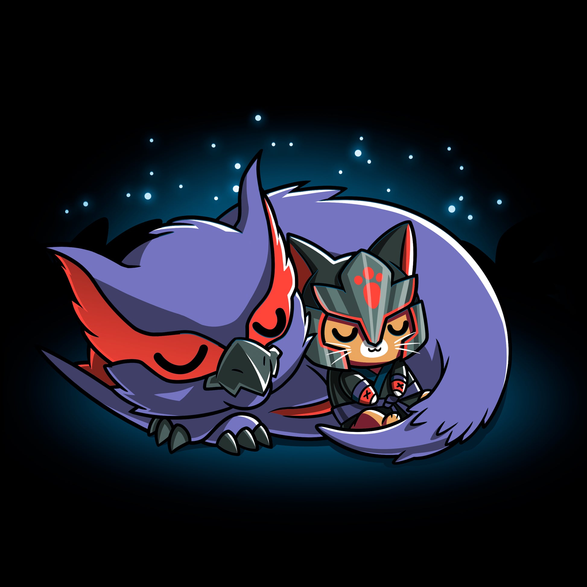 Pullover Hoodie_TeeTurtle black Nargacuga & Palico Snuggles featuring Nargacuga and a palico curled up together, and sleeping under the stars.
