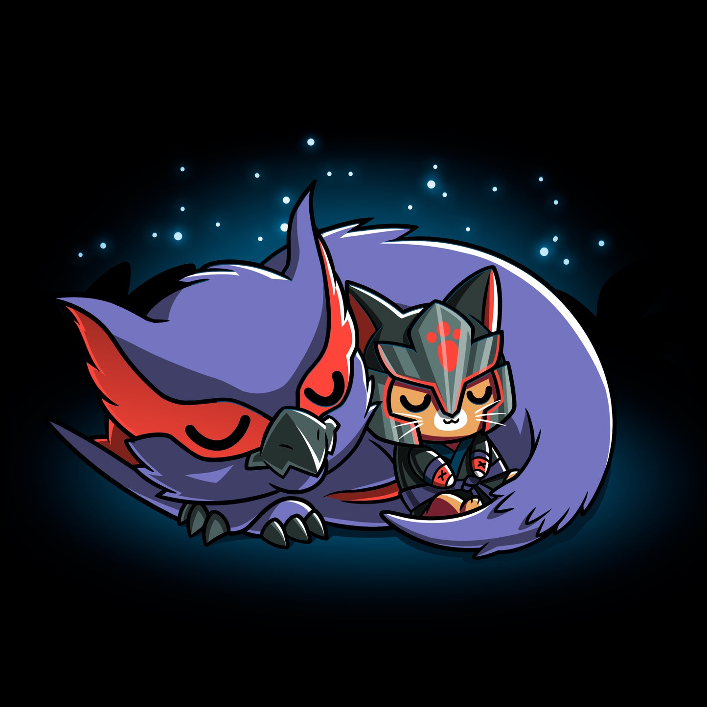 Long Sleeve T-shirt_TeeTurtle black Nargacuga & Palico Snuggles featuring Nargacuga and a palico curled up together, and sleeping under the stars.