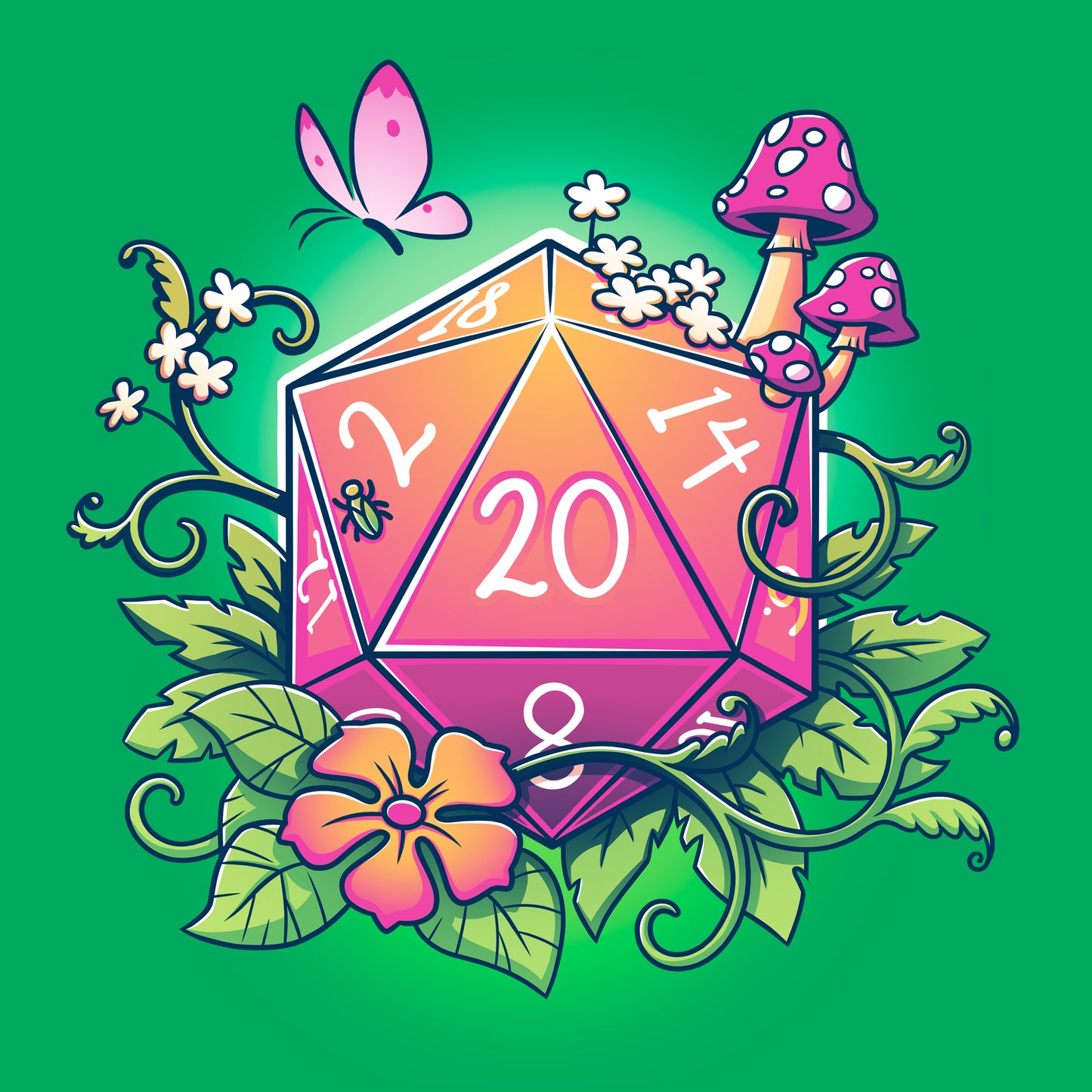 Classic Cotton T-shirt_TeeTurtle Natural 20 Irish green t-shirt featuring a colorful 20-sided die surrounded by flowers, leaves, mushrooms, and a butterfly. 