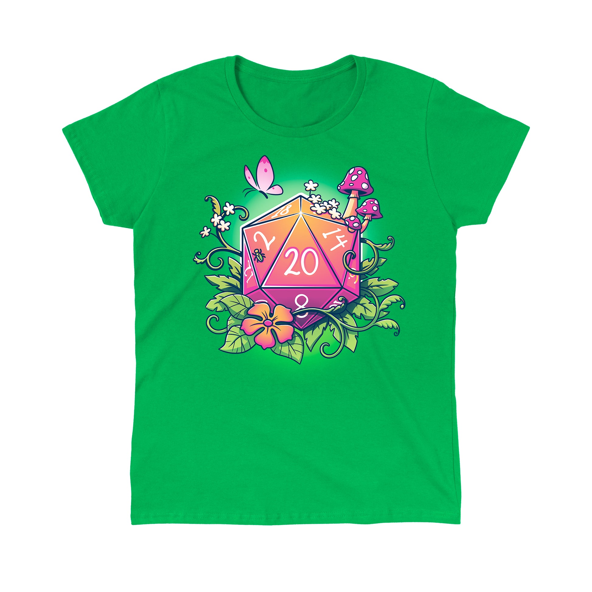 Classic Cotton T-shirt_TeeTurtle Natural 20 Irish green t-shirt featuring a colorful 20-sided die surrounded by flowers, leaves, mushrooms, and a butterfly. 