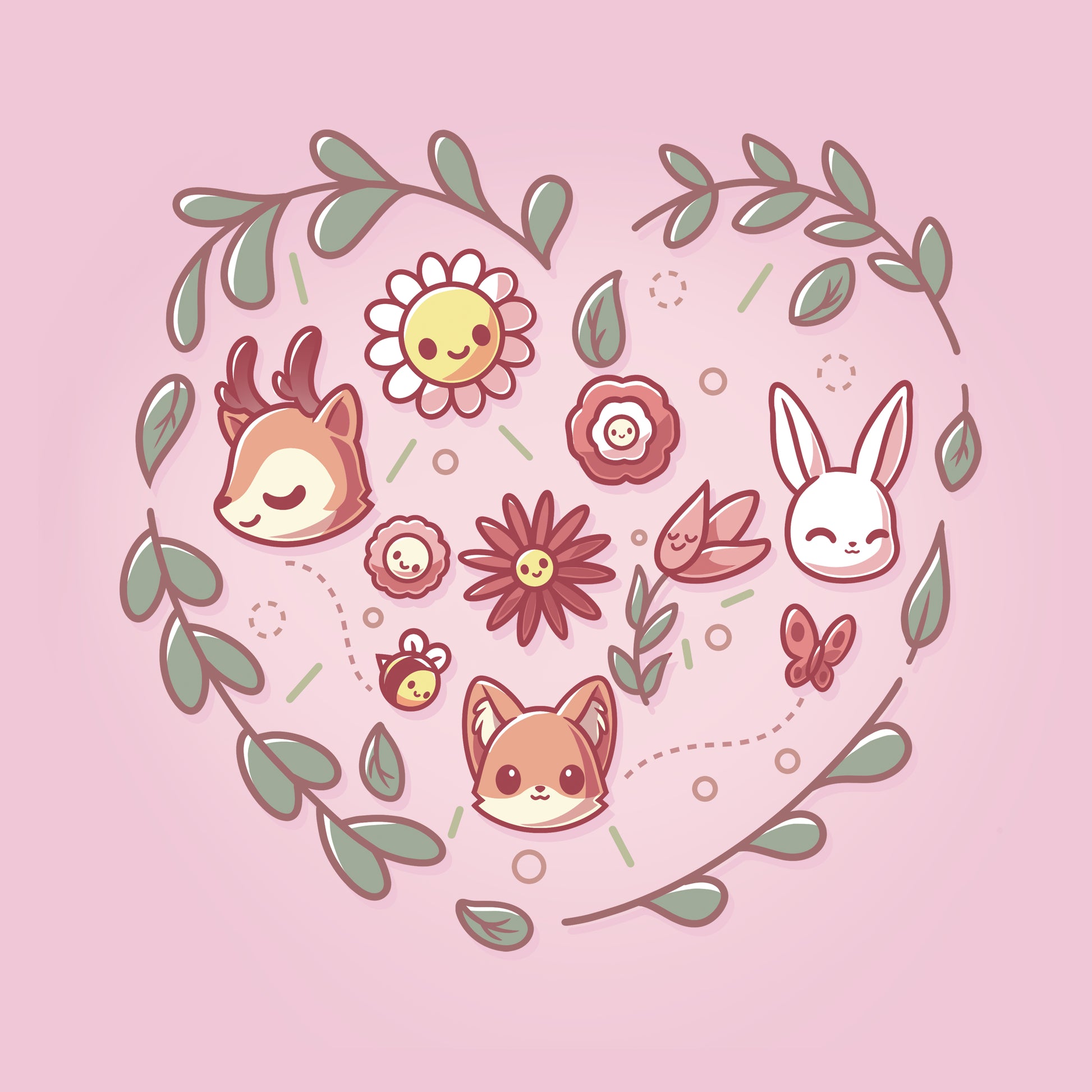 Classic Cotton T-shirt_TeeTurtle light pink Nature Lover apparel featuring a deer, fox, and rabbit with other forest elements framed by a leaf heart.