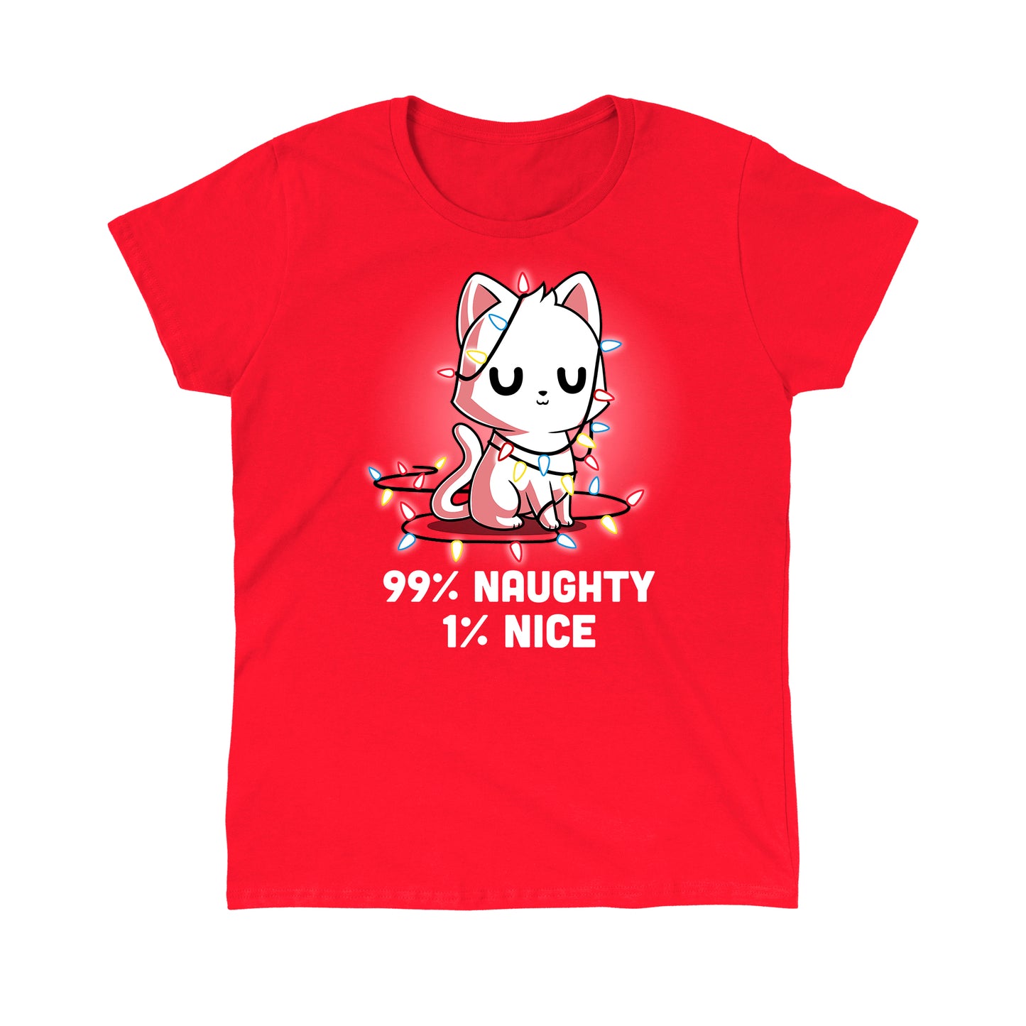 Classic Cotton T-shirt_TeeTurtle Naughty List red t-shirt featuring a white cat who looks pleased with itself and is wrapped in Christmas lights.