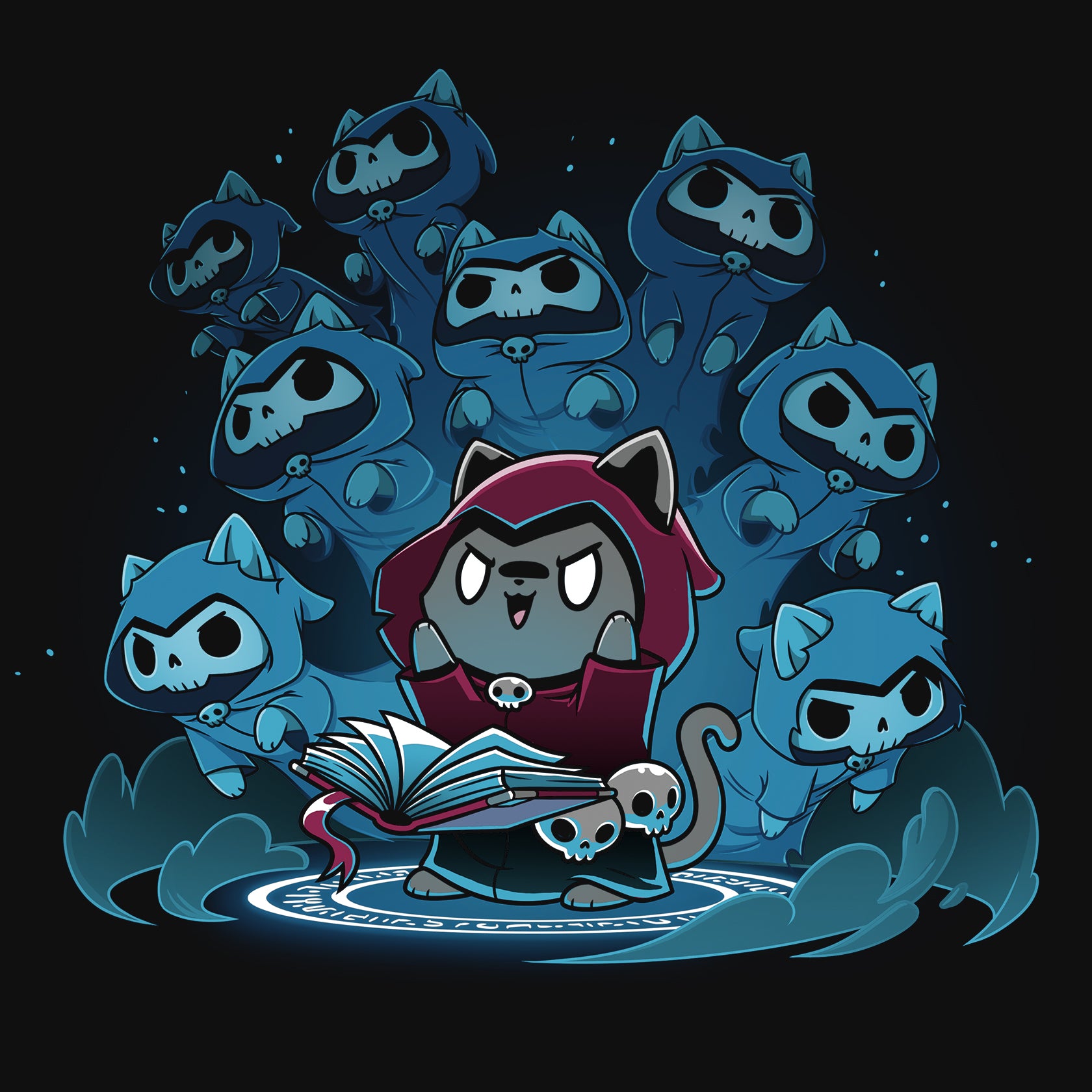 Classic Cotton T-shirt_TeeTurtle Necromancer Kitty black t-shirt featuring an illustration of an evil cat in a red, hooded cape reading a spell book and summoning ghost cats with skull faces wearing hooded capes all surrounded by clouds on the ground and stars in the sky.