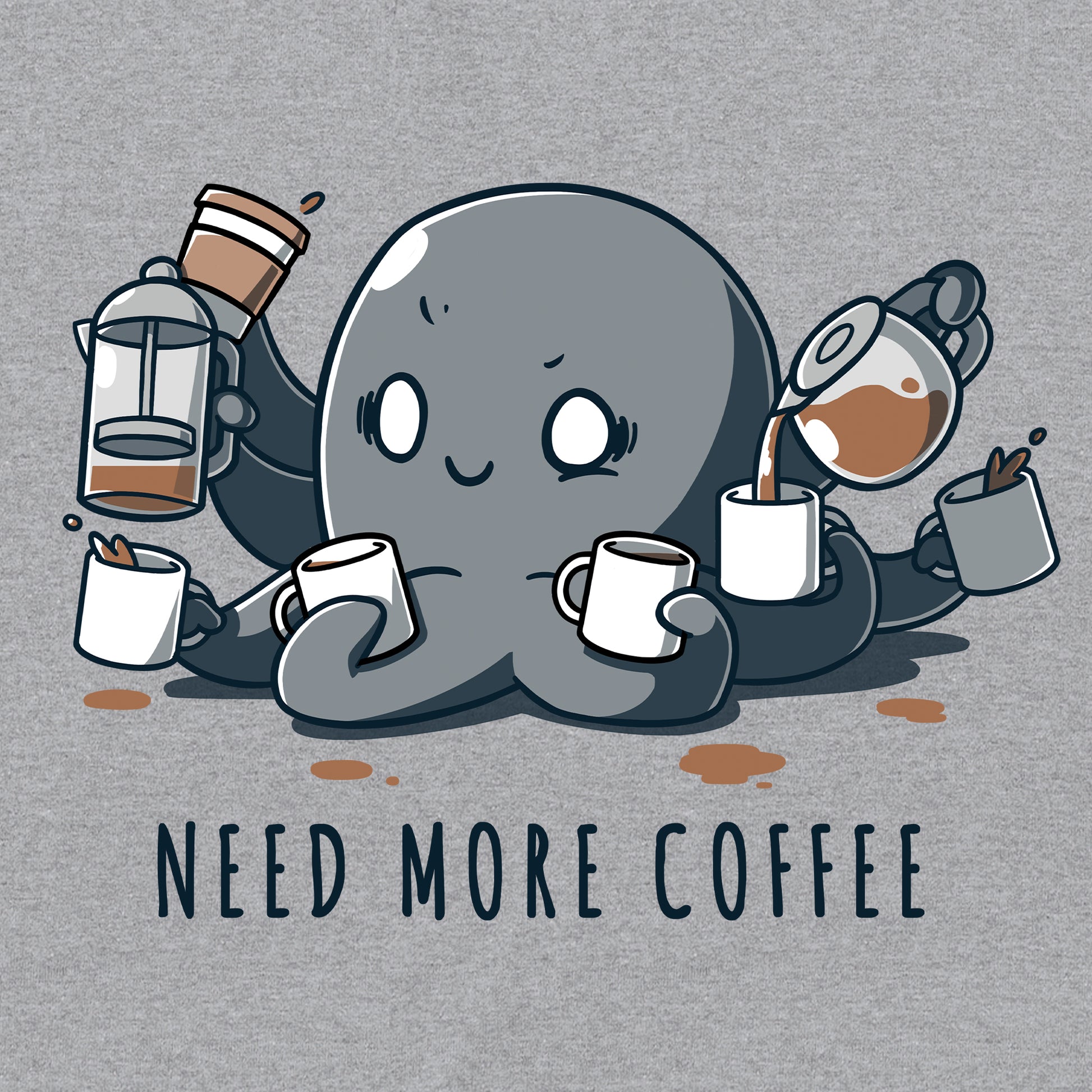 Classic Cotton T-shirt_TeeTurtle Need More Coffee Octopus Heather Gray t-shirt featuring octopus holding various coffee mugs and pitchers, pouring coffee into mugs. Text below reads "NEED MORE COFFEE." 