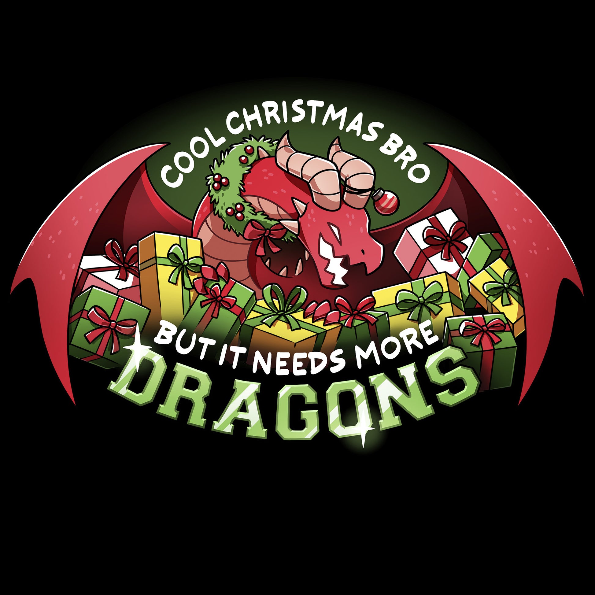 Long Sleeve T-shirt_TeeTurtle black Needs More Dragons apparel featuring a dragon with its wings cupping a pile of presents with the caption, "Cool Christmas bro, but it needs more dragons".