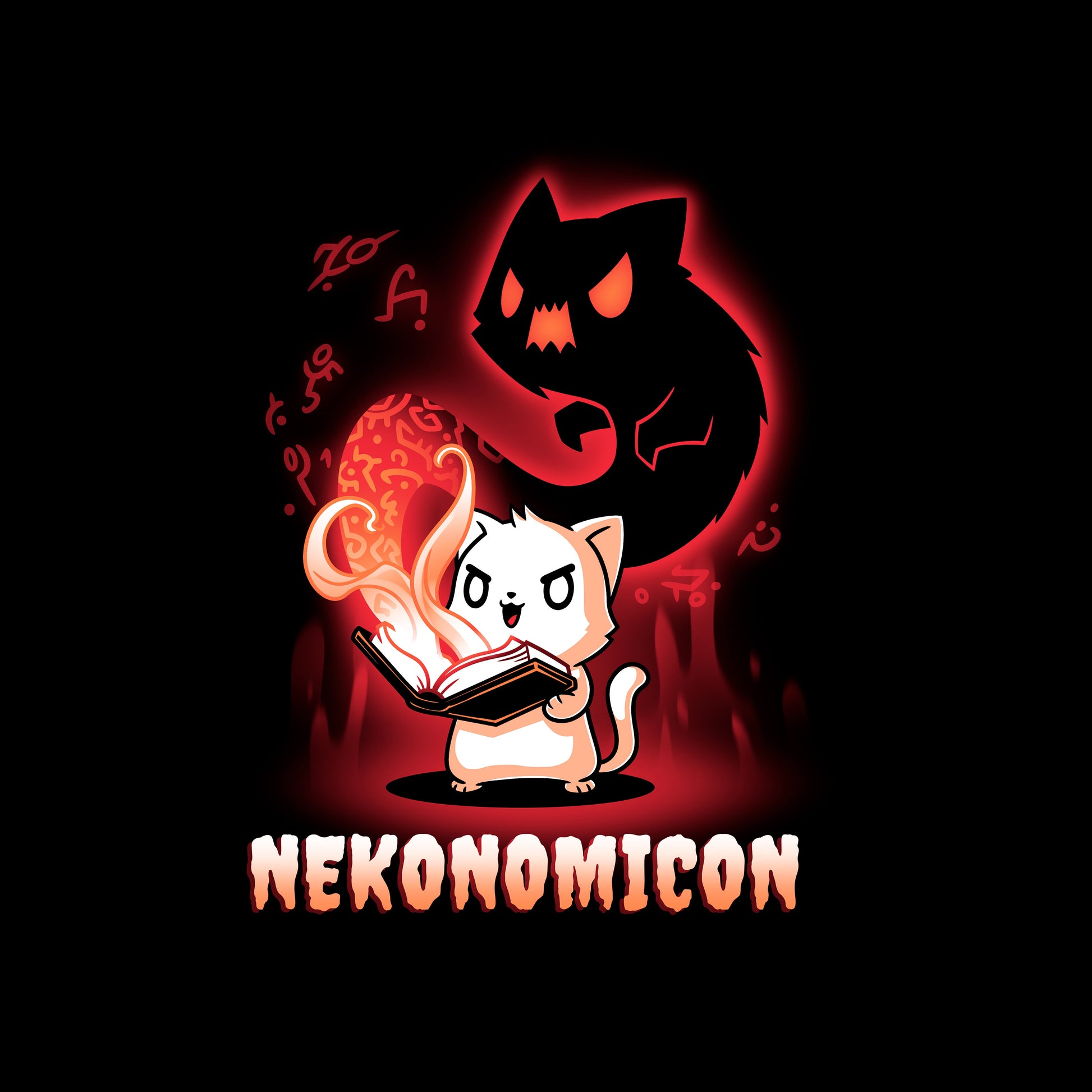 Crew Neck Sweatshirt_TeeTurtle Nekonomicon black design featuring a cat holding an open book with glowing symbols and a shadowy feline figure emerging from it. The word "Nekonomicon" is displayed at the bottom.