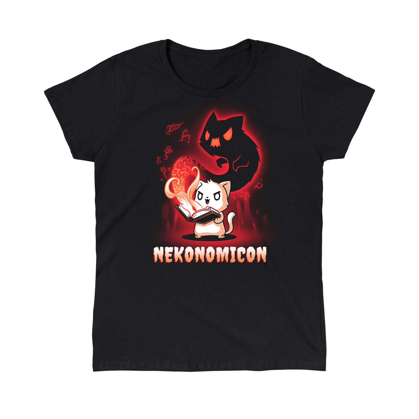 Classic Cotton T-shirt_TeeTurtle Nekonomicon black t-shirt featuring a cat holding an open book with glowing symbols and a shadowy feline figure emerging from it. The word "Nekonomicon" is displayed at the bottom.