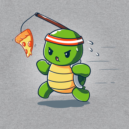 Classic Cotton T-shirt_TeeTurtle Ninja Training heather gray t-shirt featuring a turtle chasing after a pizza slice dangling from a stick strapped to their head.