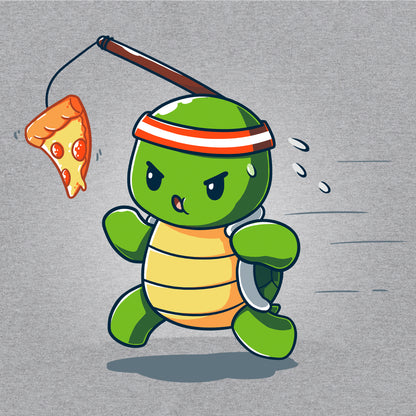 Pullover Hoodie_TeeTurtle Ninja Training heather gray t-shirt featuring a turtle chasing after a pizza slice dangling from a stick strapped to their head.