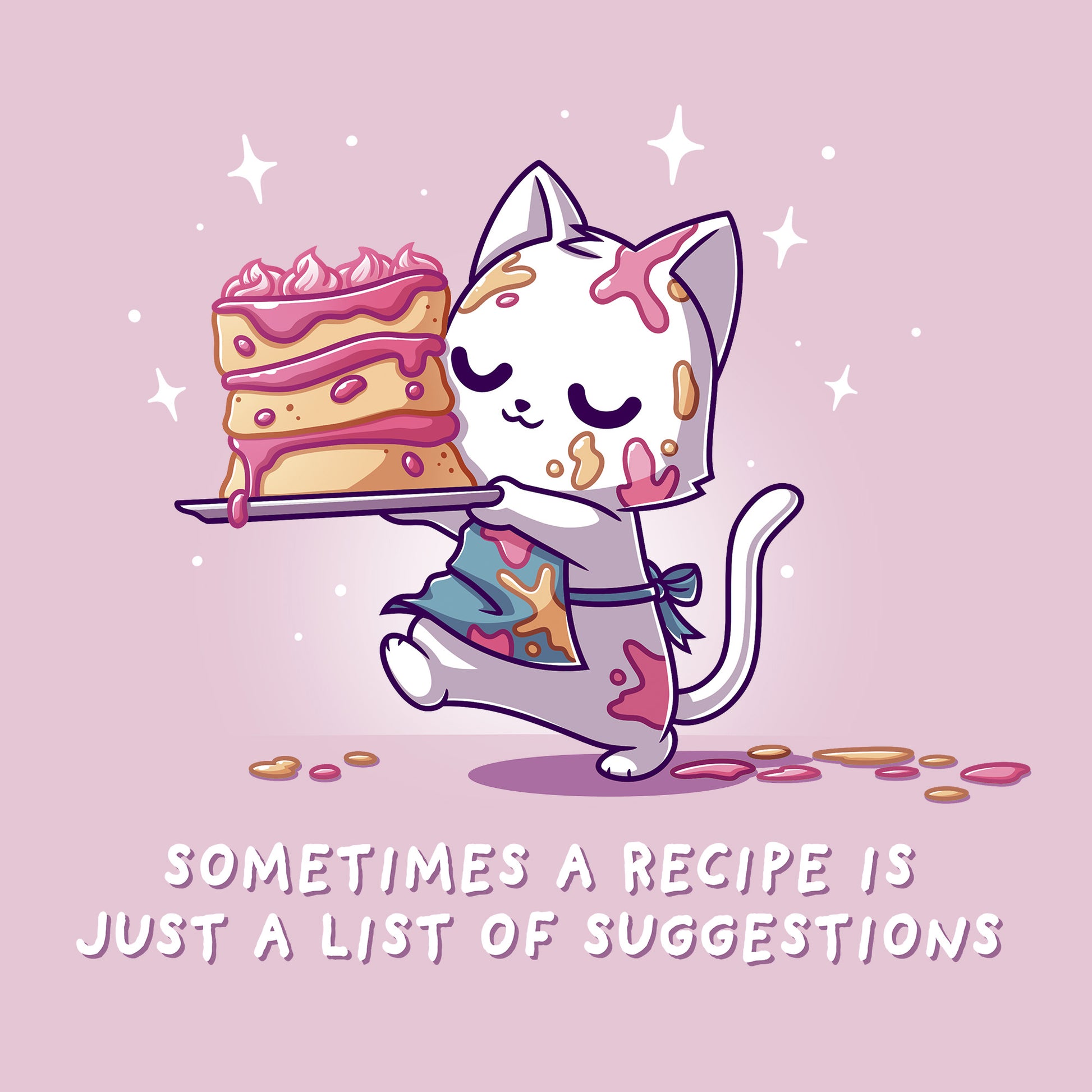 Classic Cotton T-shirt_TeeTurtle light pink No Recipe Required apparel featuring a white cat with batter splattered on it carrying a cake with uneven tiers with the caption, “Sometimes a Recipe is Just a List of Suggestions“.