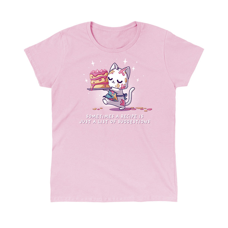 Classic Cotton T-shirt_TeeTurtle light pink No Recipe Required apparel featuring a white cat with batter splattered on it carrying a cake with uneven tiers with the caption, “Sometimes a Recipe is Just a List of Suggestions“.