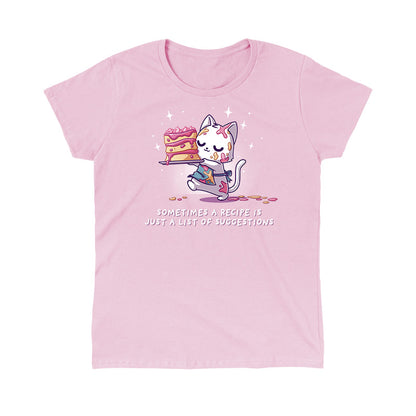 Classic Cotton T-shirt_TeeTurtle light pink No Recipe Required apparel featuring a white cat with batter splattered on it carrying a cake with uneven tiers with the caption, “Sometimes a Recipe is Just a List of Suggestions“.