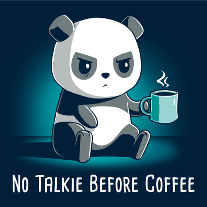 Long Sleeve T-shirt_TeeTurtle navy blue No Talkie Before Coffee. Featuring a grumpy panda holding a cup of coffee.