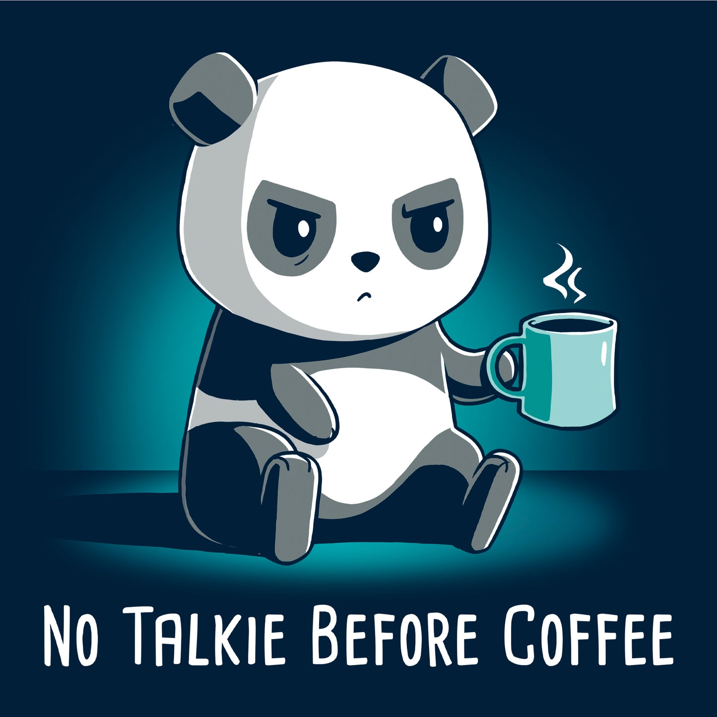 Crew Neck Sweatshirt_TeeTurtle navy blue No Talkie Before Coffee. Featuring a grumpy panda holding a cup of coffee.