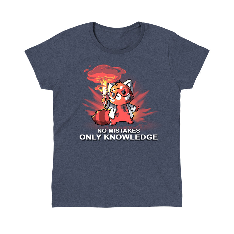 Classic Cotton T-shirt_TeeTurtle No Mistakes, Only Knowledge heather navy t-shirt featuring a red panda in a lab coat holding a flaming test tube with the text "no mistakes, only knowledge."