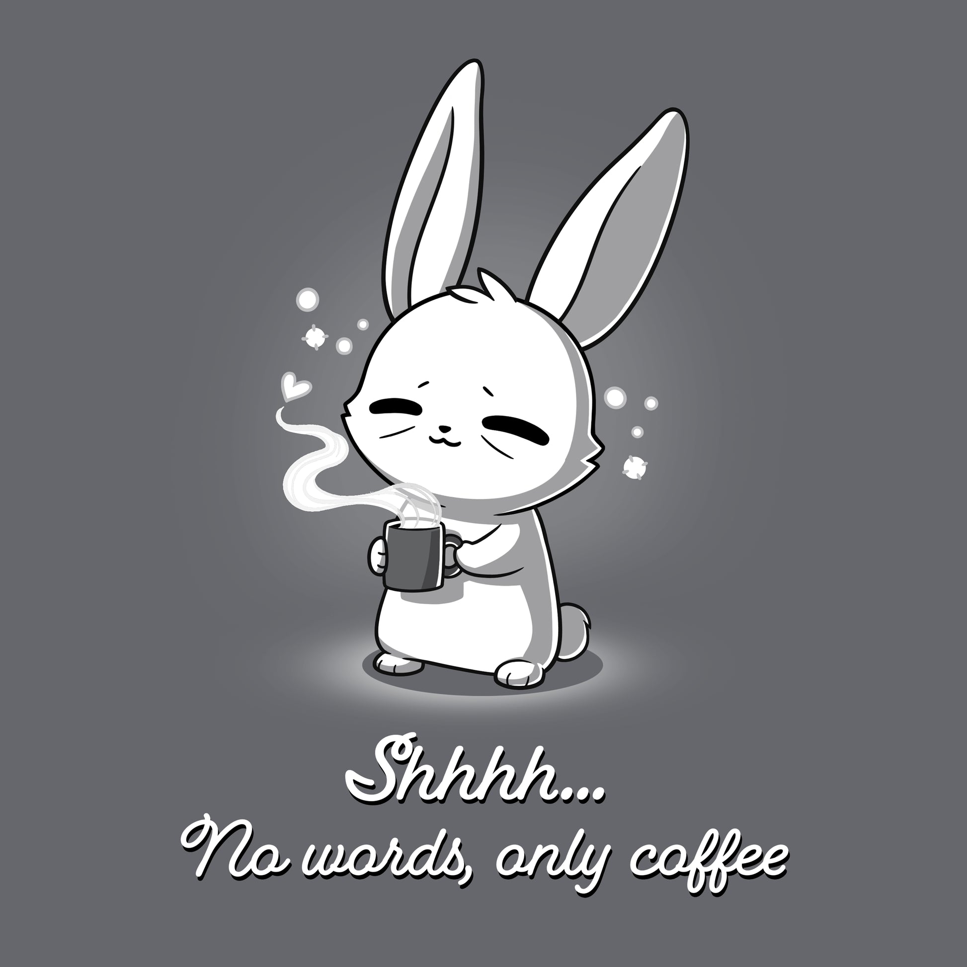 Classic Cotton T-shirt_TeeTurtle No Words Only Coffee Charcoal Gray t-shirt featuring a cartoon bunny with closed eyes holding a steaming coffee cup.