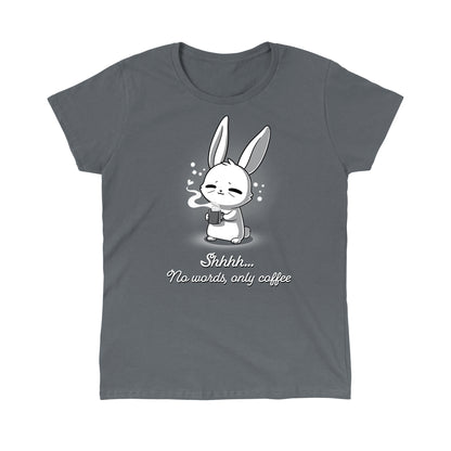 Classic Cotton T-shirt_TeeTurtle No Words Only Coffee Charcoal Gray t-shirt featuring a cartoon bunny with closed eyes holding a steaming coffee cup.