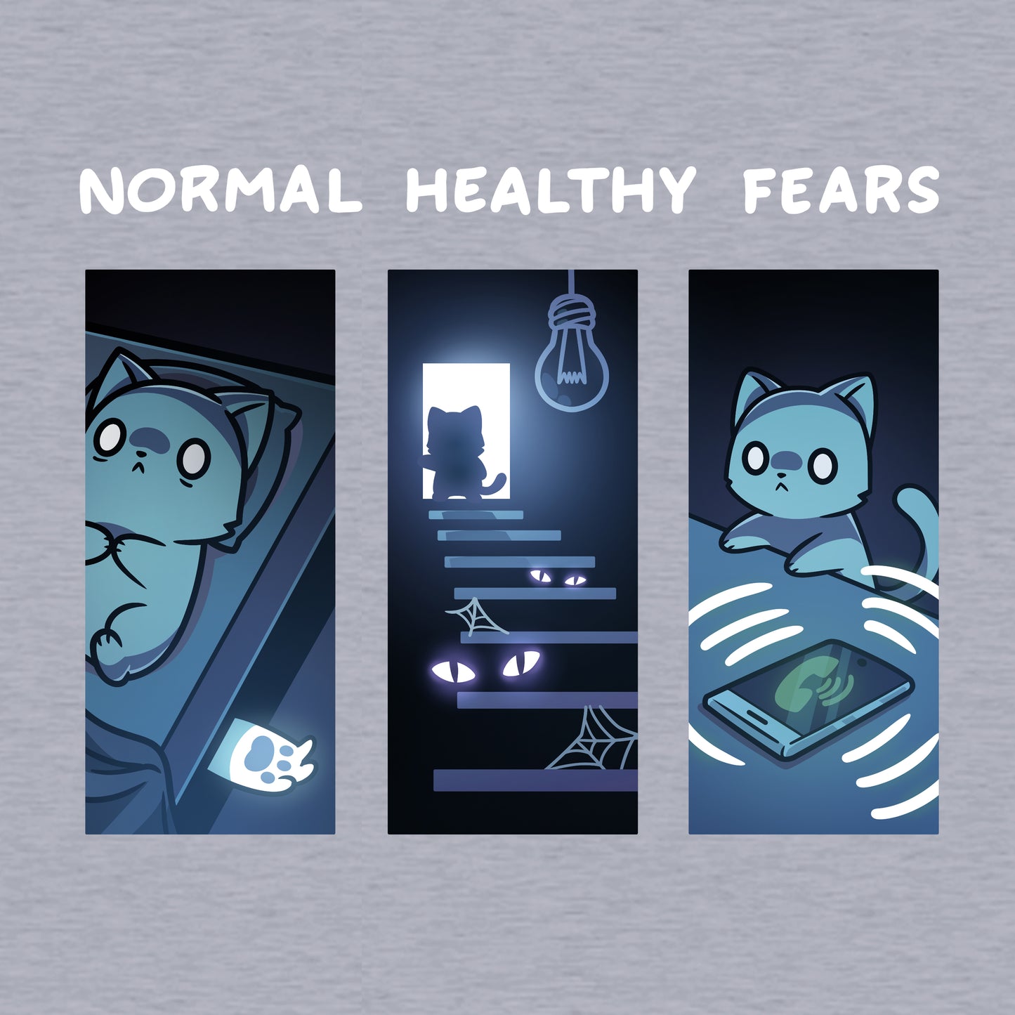 Classic Cotton T-shirt_TeeTurtle heather gray Normal Healthy Fears apparel featuring an anxious cat lying down with a ghostly paw peeking out from under the bed, an anxious cat at the top stairs of the basement with eyed shadows lurking in the darkness, and an anxious cat looking at a ringing phone.