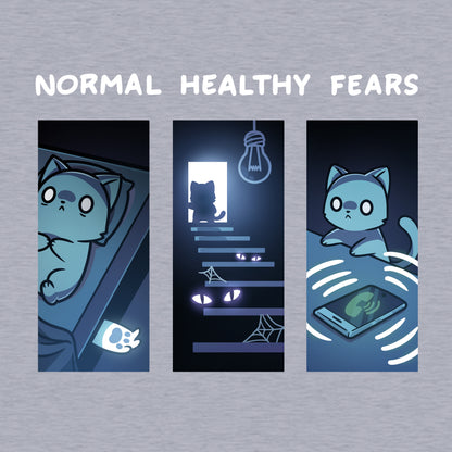 Long Sleeve T-shirt_TeeTurtle heather gray Normal Healthy Fears apparel featuring an anxious cat lying down with a ghostly paw peeking out from under the bed, an anxious cat at the top stairs of the basement with eyed shadows lurking in the darkness, and an anxious cat looking at a ringing phone.