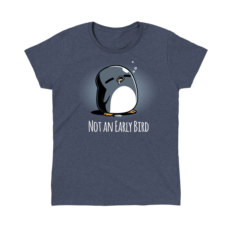 Classic Cotton T-shirt_TeeTurtle Not an Early Bird heather navy t-shirt featuring a sleepy penguin with closed eyes and bubbles above its head, accompanied by the text "Not an Early Bird."