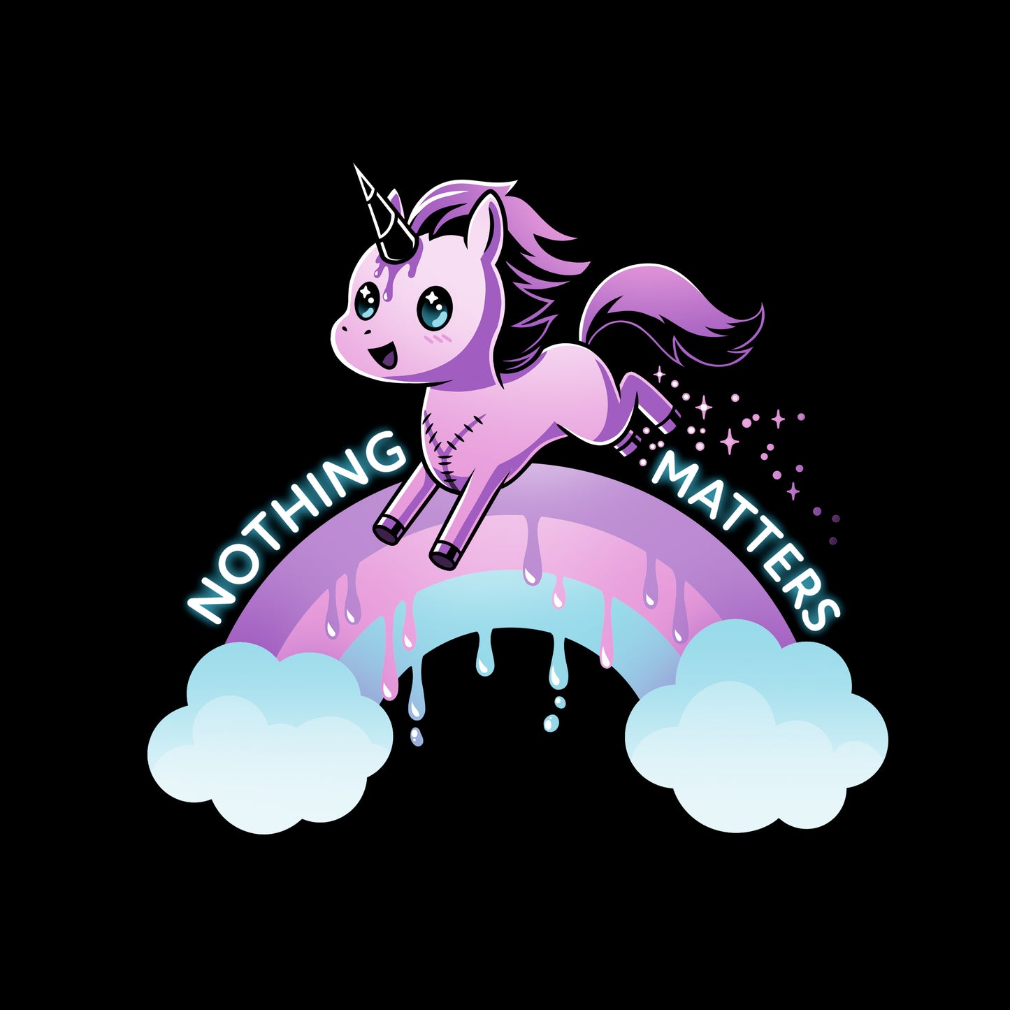 Classic Cotton T-shirt_TeeTurtle Nothing Matters (Unicorn) black t-shirt featuring a purple unicorn jumping over a drippy rainbow.