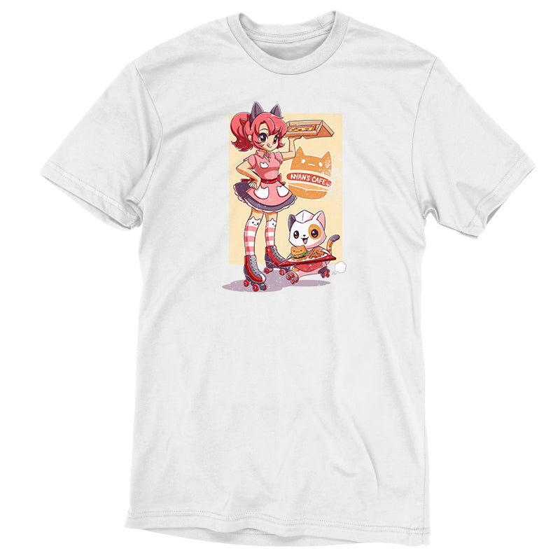 A vibrant white Kids T-shirt featuring a charming cartoon of a girl with pink hair, cat ears, and a tail holding skates, with a cat eating a snack in the background by monsterdigital is called Nyan’s Cafe.