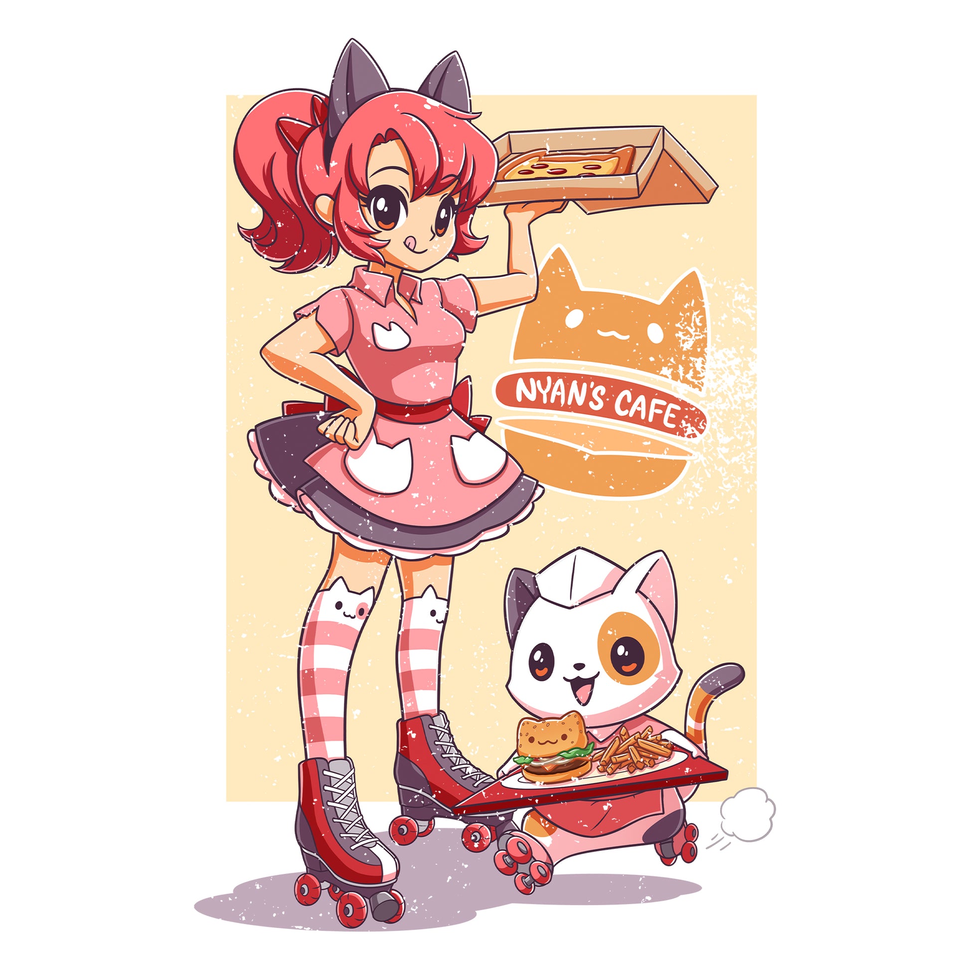 Classic Cotton T-shirt_TeeTurtle Nyan's Cafe white t-shirt featuring a girl in a pink cat-themed costume on roller skates holding a tray of food. Next to her, a cat in a matching outfit and roller skates is also holding a tray of food. The text reads "Nyan's Cafe."