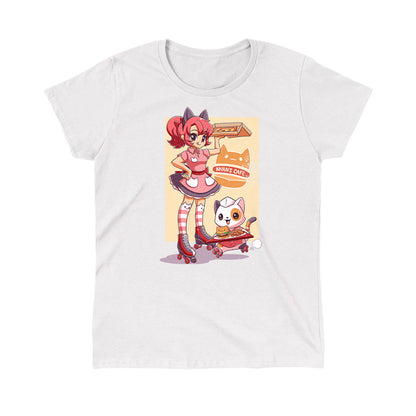 Classic Cotton T-shirt_TeeTurtle Nyan's Cafe white t-shirt featuring a girl in a pink cat-themed costume on roller skates holding a tray of food. Next to her, a cat in a matching outfit and roller skates is also holding a tray of food. The text reads "Nyan's Cafe."