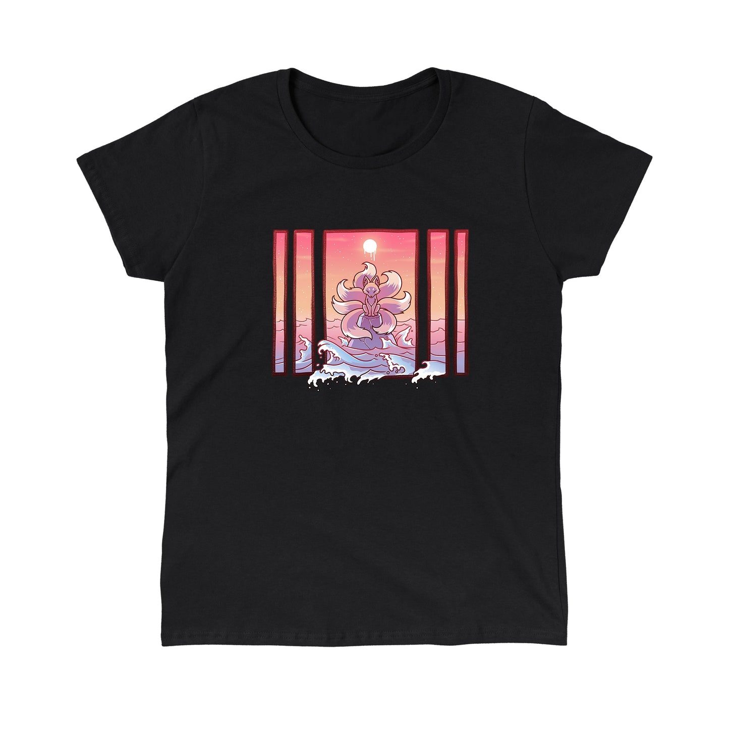 Classic Cotton T-shirt_TeeTurtle Ocean Kitsune black t-shirt featuring an illustrated Ocean kitsune in a nature scene. The kitsune stands on water with waves splashing, framed by five vertical panels against a pink and orange sunset sky with a bright moon above.